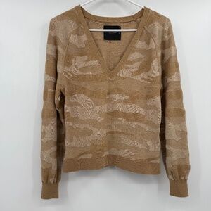 Lucky Brand Sweater Women XS Tan Beige Camo Low V Neck Long Sleeve Knit Top